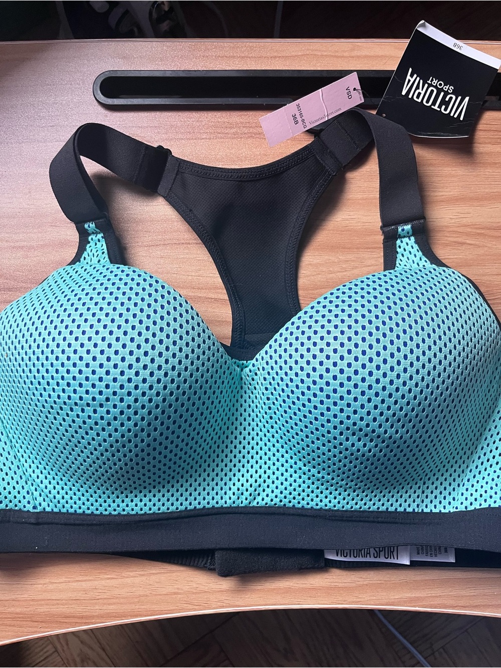 Victoria's Secret Aqua Blue Mesh Racerback Sports Bra with Black Trim